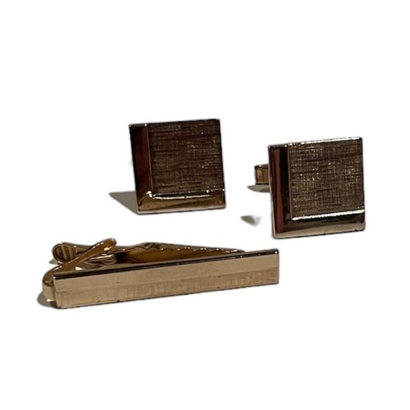 Vintage Men's Cufflinks with Tie Clip, Goldtone, Square - Picture 1 of 2